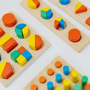 Vibrant wooden toys are ideal for preschool learning and playroom decor.